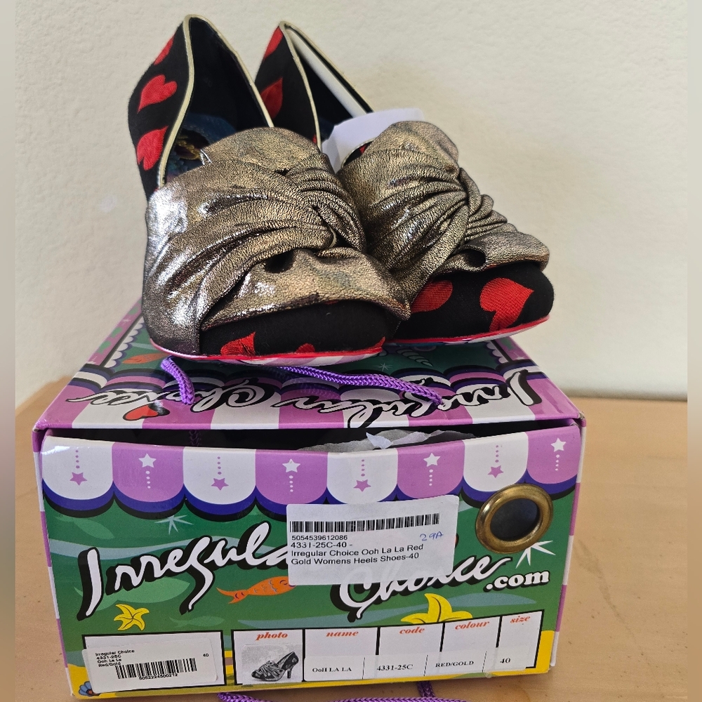 Irregular Choice Metallic Gold and Red Heart Heels. New In BOX